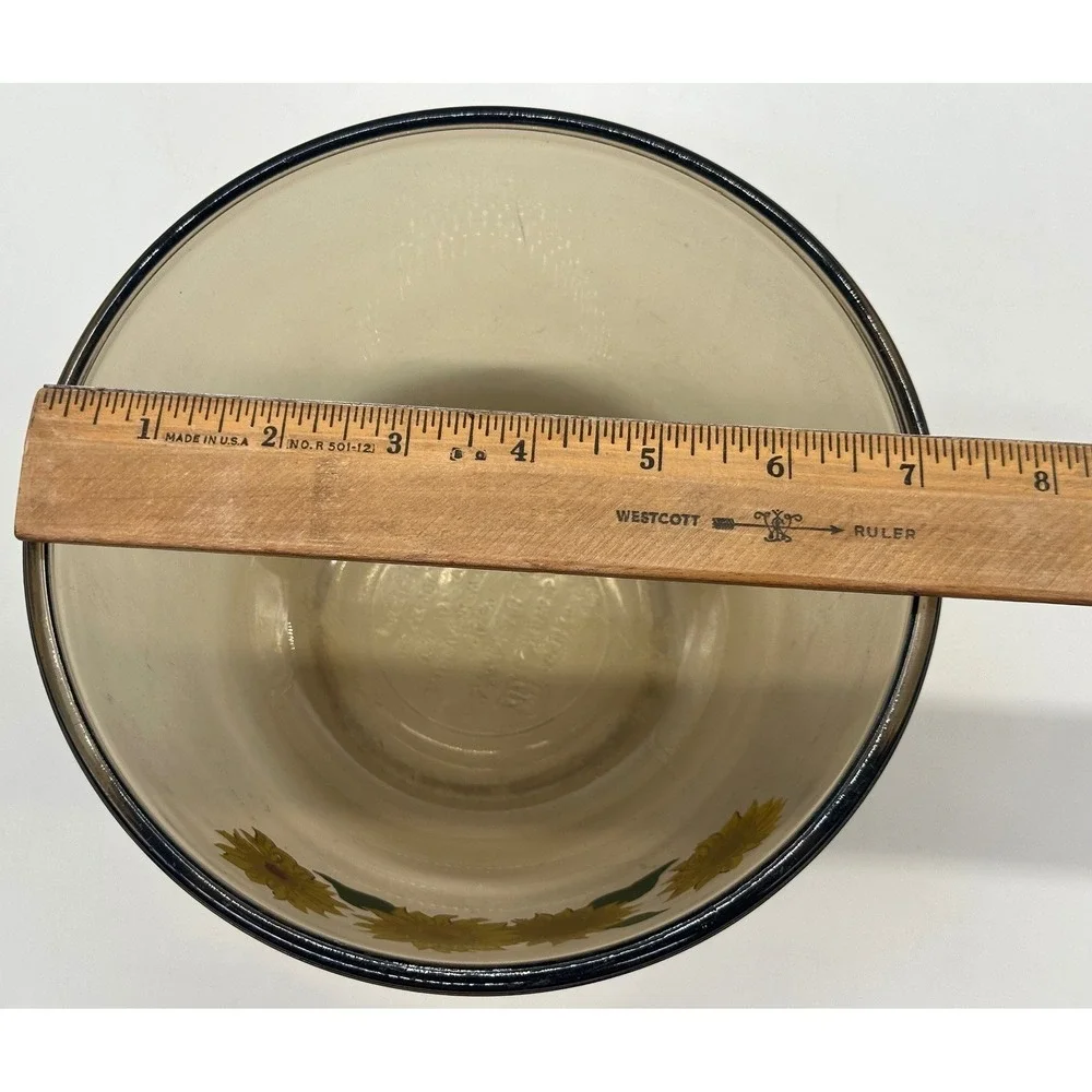 Anchor Hocking Mixing Bowl 1.5 Qt Amber Glass Sunflower Floral Ovenware USA